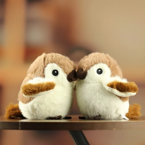 Close-up of plush sparrow keychains with soft textures and professional stitching details