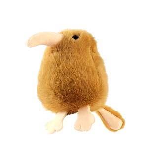 Plush brown kiwi bird keychain toy with soft long fur and realistic long beak details
