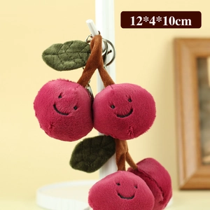 Süßer Kirsch-Plüschanhänger in Burgunderrot mit Smileys und grünen Blättern, 12x4x10cm
