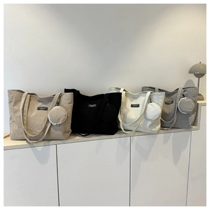 Corduroy tote bags in beige, black, white and grey with matching mini round pouches