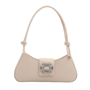 Minimalist cream shoulder bag with crystal floral buckle and knotted strap detail