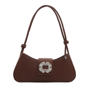 Sac baguette élégant en similicuir marron foncé avec boucle en strass et bretelles nouées