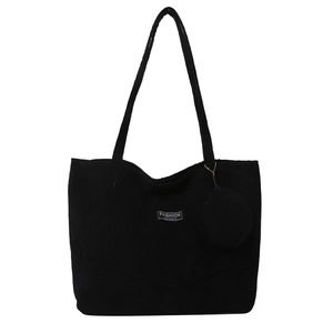 Large capacity black corduroy tote bag with fashion label and round coin purse attachment