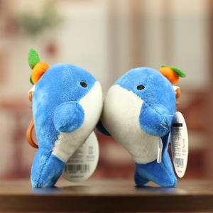 Cute blue and white plush orca doll pendant with orange fruit decor and plastic hook