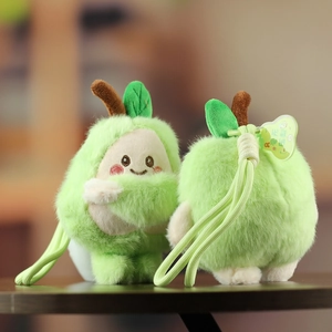 Close-up of soft green plush avocado pendants with cute facial details and green lanyards