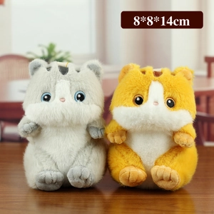 Cute plush cat keychain dolls in grey and orange, 8x8x14cm size on wooden table