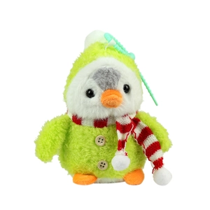 Porte-clés pingouin en peluche mignon avec costume vert et écharpe rayée rouge et blanc