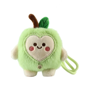 Cute green plush apple keychain pendant with soft fur and smiling heart face