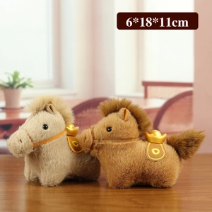 Pair of plush horse keychains with gold sycee, beige and brown zodiac mascot toys