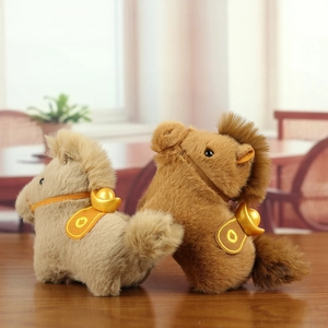 Plush zodiac horse keychains with golden ingots in light and dark brown finishes