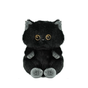 Cute black plush cat toy with gold embroidery and soft fur texture on white background