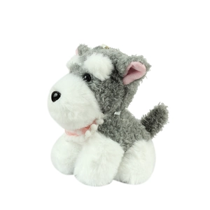 Porte-clés chien Schnauzer en peluche avec écharpe à carreaux rose et anneau en métal