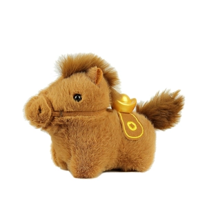 Brown plush zodiac horse keychain with golden sycee decoration on white background