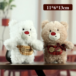Cute white and brown teddy bear plush charms with bows, set of 2, size 11x6x13cm