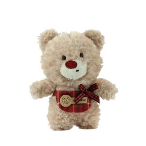 Cute beige teddy bear plush pendant with plaid apron and handmade wooden tag