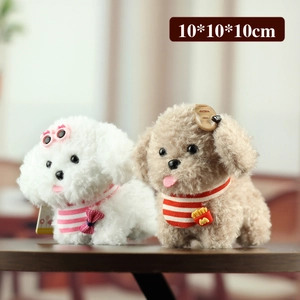 Cute white and brown plush dog keychains with scarves and accessories, size 10x10x10cm