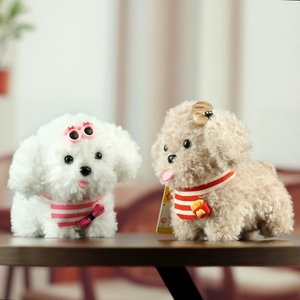 Cute plush puppy toy set with glasses and scarves on a warm wooden background