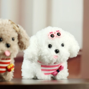 Detail of cute plush puppy toy with pink glasses and striped scarf in soft faux fur