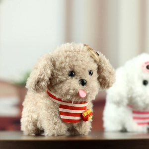Detailed macro of a cute plush puppy keychain with lamb wool texture and striped scarf