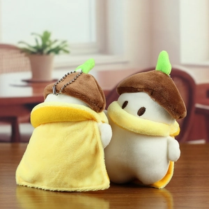 Front and back detail of long-tailed tit plush doll with acorn hat and yellow scarf