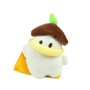 Cute white long-tailed tit plush doll with brown acorn hat and yellow scarf on white background