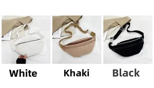 Plush lamb wool waist bags in white, khaki, and black with adjustable straps