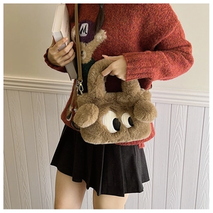 Sac bandoulière marron en peluche avec motif cartoon grands yeux et oreilles douces