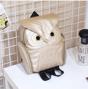 Fashionable golden owl backpack for women featuring unique metallic PU leather design