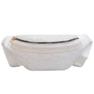 Plush white faux fur belt bag with adjustable nylon strap and gold-tone hardware detail