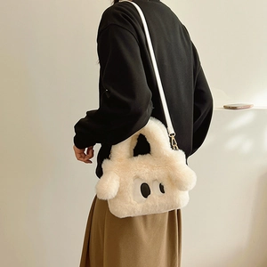 Sac à bandoulière blanc en peluche avec motif yeux de chien et fausse fourrure douce