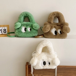 Sac à main chiot en peluche avec motif grands yeux en vert marron et blanc texturé