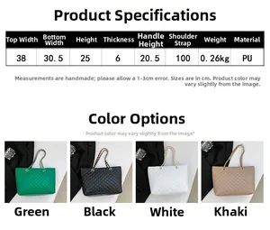 Tabla de tallas y colores para bolso tote acolchado con medidas detalladas del producto