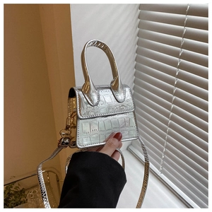 Close-up of silver mini handbag with crocodile pattern texture and metal finish