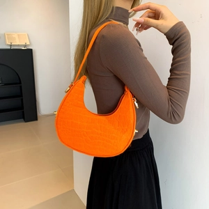 Fashionable orange embossed felt shoulder bag in half-moon shape for women
