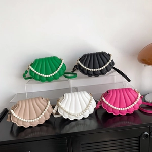 Bolso Bandolera de Cuero PU con Forma de Concha de Diseño de Nicho con Asa de Perlas Artificiales Bolso de Hombro de Moda para Mujer