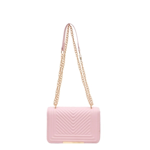 Pink quilted square bag with V-pattern stitching and gold chain shoulder strap