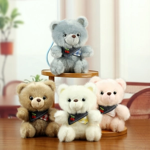 Cute teddy bear plush charms in four colors with denim cherry scarves for backpacks