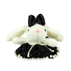 Cute white plush bunny with black bow and pearl dress ornament for bag keychain