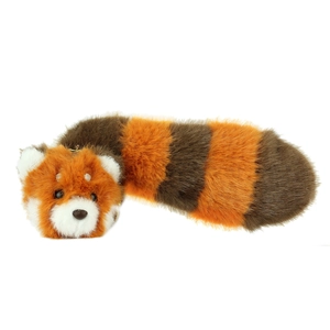 Plush red panda toy with fluffy fur and a long striped tail on white background