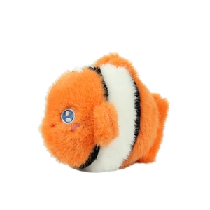 Plush clownfish keychain charm in orange and white with detailed blue eye embroidery
