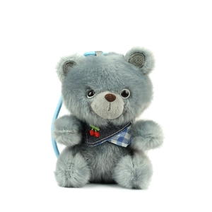Cute gray plush bear keychain with blue plaid cherry scarf and woven lanyard