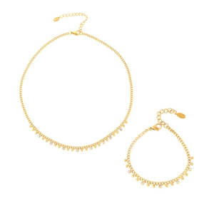 Parure en acier inoxydable doré 18 carats avec pompon perlé et strass brillants