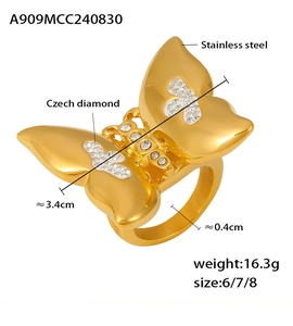 Macro view of crystal butterfly wing detail on wide 18k gold-plated stainless steel ring