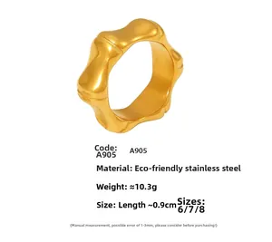 Tableau des tailles détaillé pour bague bambou en acier inoxydable doré, 0,9 cm