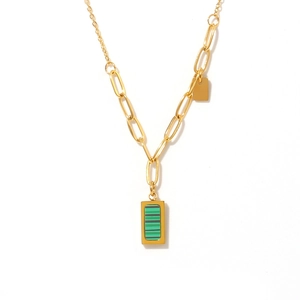 Collar de acero inoxidable chapado en oro con colgante de malaquita verde a rayas