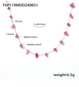 Close-up of pink natural stone necklace with 40cm stainless steel chain and 5cm extension