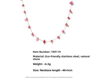 Detail of pink natural stone beads and stainless steel chain with size specs