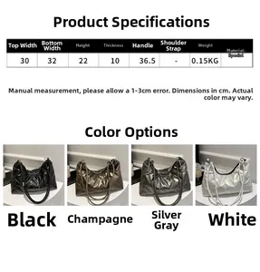 Size chart showing dimensions and colors for metallic padded shoulder bag