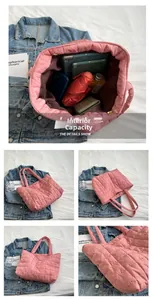 Pink quilted tote bag with spacious interior showing items like a tablet and water bottle