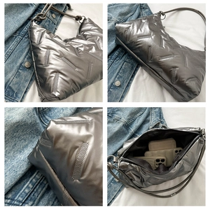 Detail views of quilted puffer shoulder bag with metallic finish and spacious interior